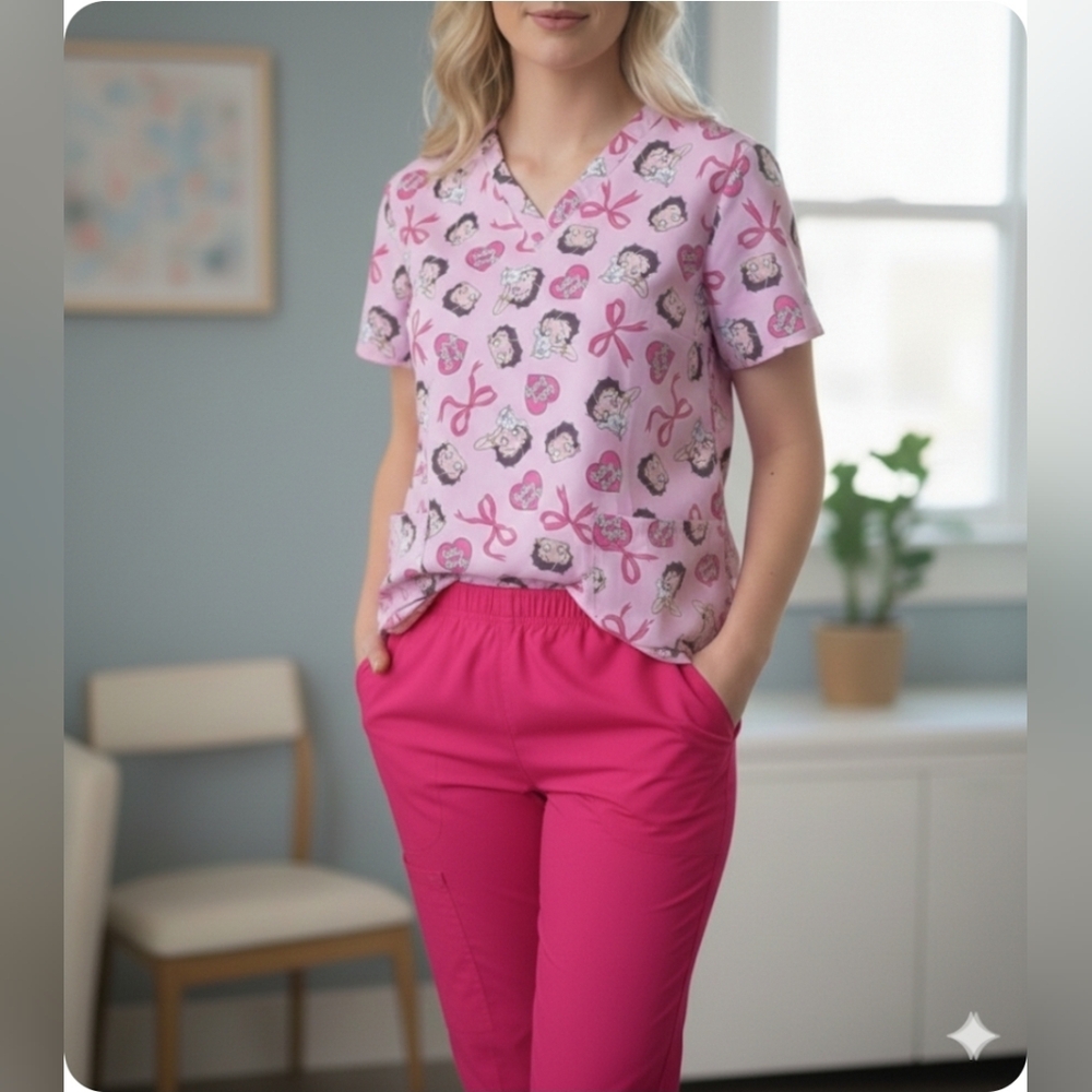 Betty Boop Cute V Neck Scrub Top Sz XL NEW